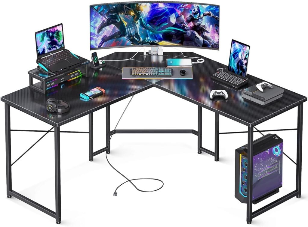 ODK L Shaped Gaming Desk with Power Outlets, 51 Inch Computer Desk with Monitor Stand, PC Gaming Desk, Corner Desk Table for Home Office Sturdy Writing Workstation, Carbon Fiber Surface, Black