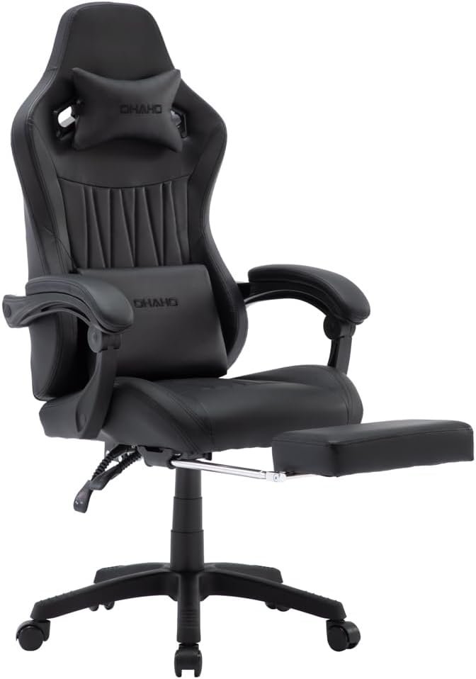 OHAHO Gaming Chair, Office Chair High Back Computer Chair Leather Desk Chair Racing Executive Ergonomic Adjustable Swivel Task Chair with Headrest and Lumbar Support (Black)