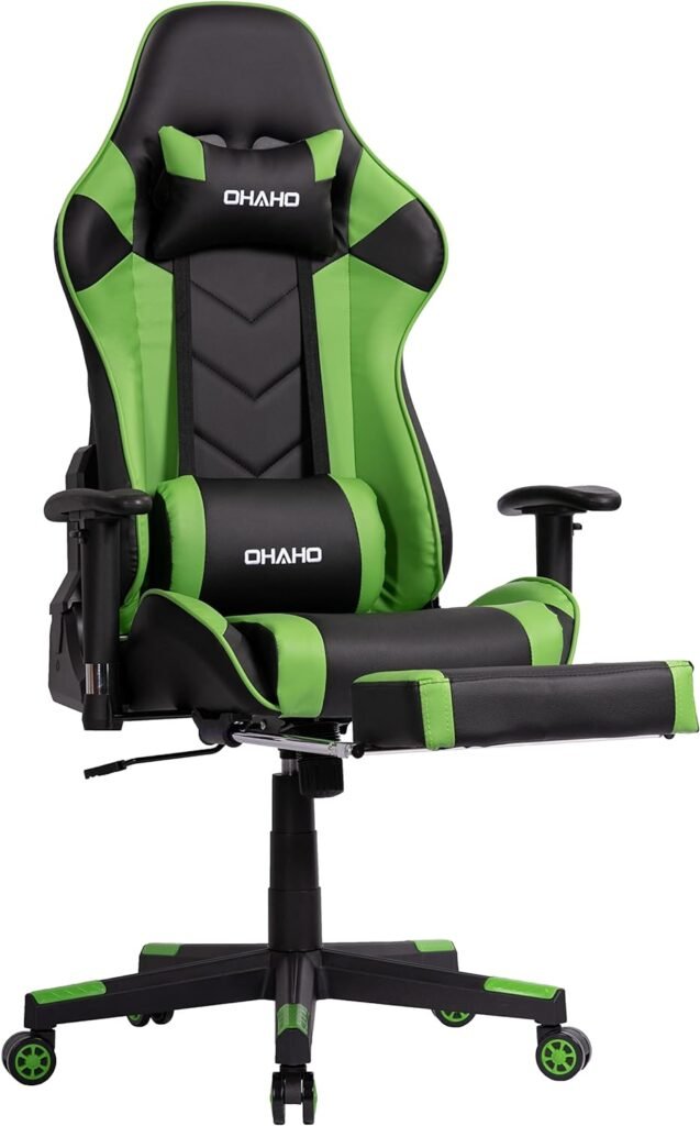 OHAHO Gaming Chair Racing Style Office Chair Adjustable Massage Lumbar Cushion Swivel Rocker Recliner High Back Ergonomic Computer Desk Chair with Retractable Arms and Footrest (Black/Green)