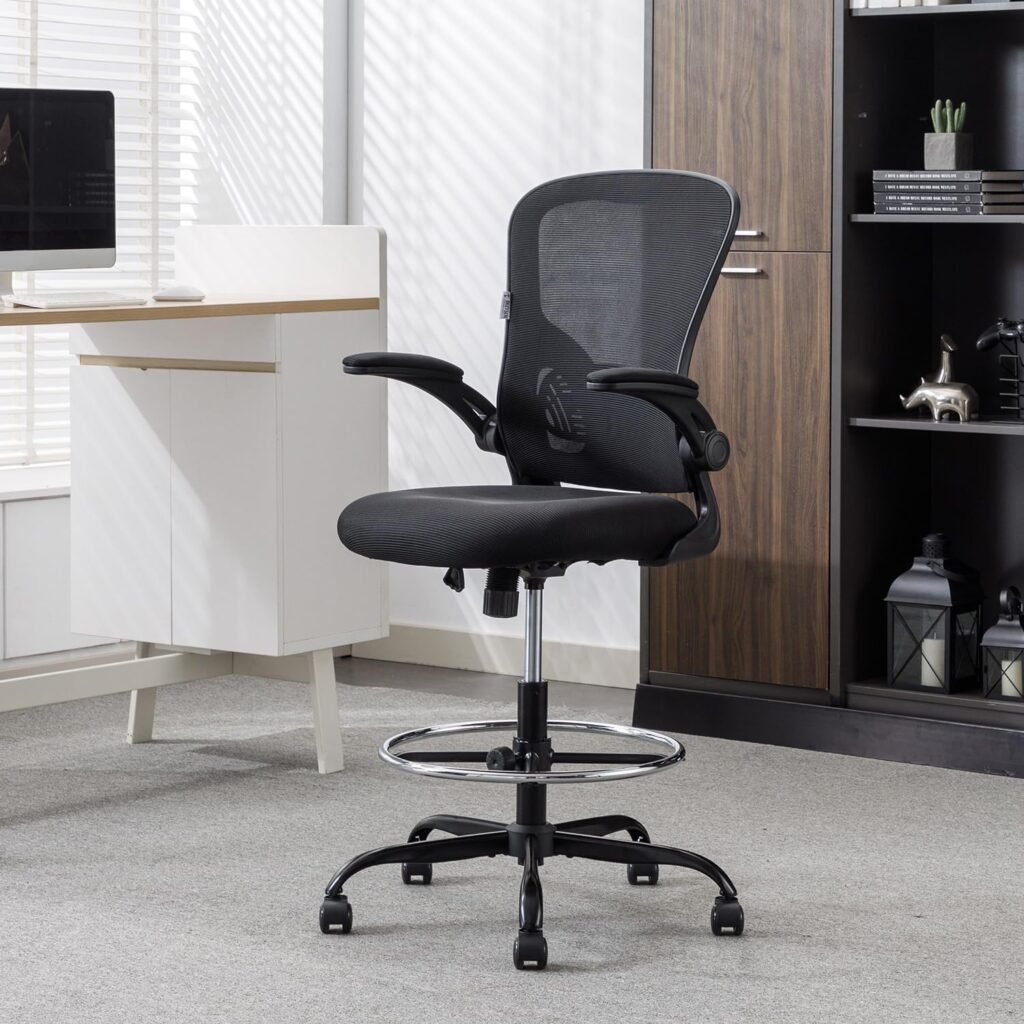 Okeysen Drafting Chair Tall Office Chair, Standing Desk Chair with 3.9’’ Thicken Cushion  Flip-Up Armrest, Drafting Stool with Adjustable Lumbar Support  Footrest Ring.