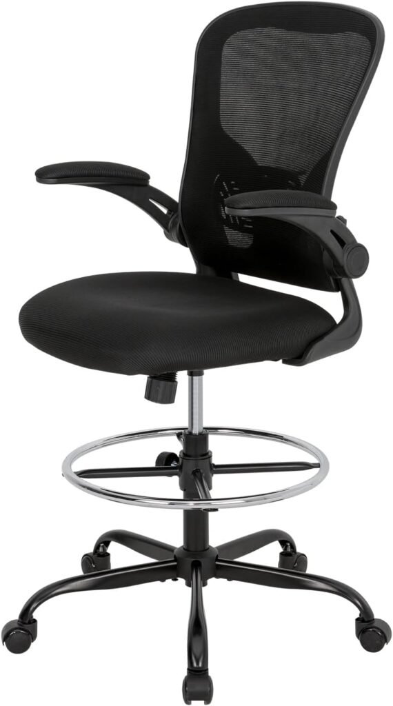 Okeysen Drafting Chair Tall Office Chair, Standing Desk Chair with 3.9’’ Thicken Cushion  Flip-Up Armrest, Drafting Stool with Adjustable Lumbar Support  Footrest Ring.