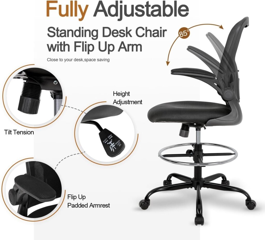 Okeysen Drafting Chair Tall Office Chair, Standing Desk Chair with 3.9’’ Thicken Cushion  Flip-Up Armrest, Drafting Stool with Adjustable Lumbar Support  Footrest Ring.