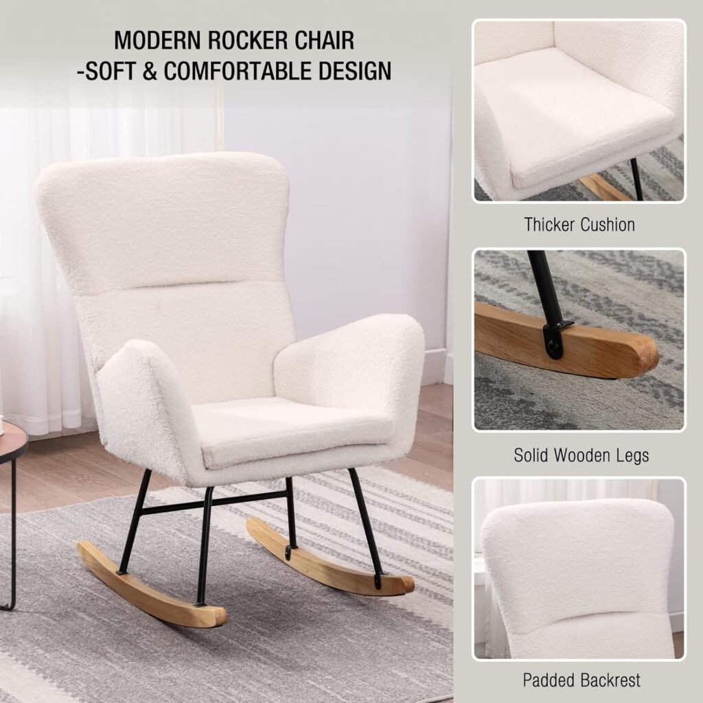 ONPNO Modern Rocking Accent Chair, Uplostered Nursery Glider Rocker for Baby, High Backrest Comfy Armchair for Living Room Bedroom, White