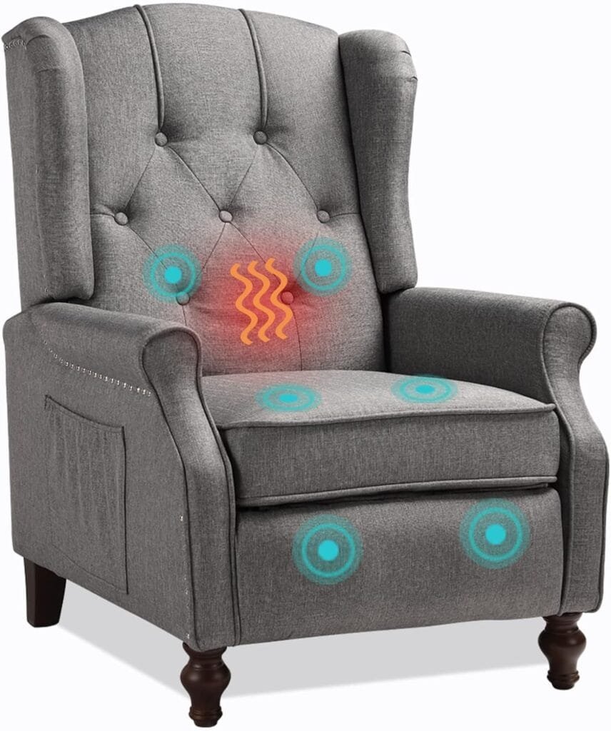 OQQOEE Accent Chair Reading Wingback Chair with Massage and Heat Fabric Push Back Recliner Club Chair Diamond Tufted Armchair, Side Pockets, Footrest, Wooden Legs, Living Room (1, Grey)
