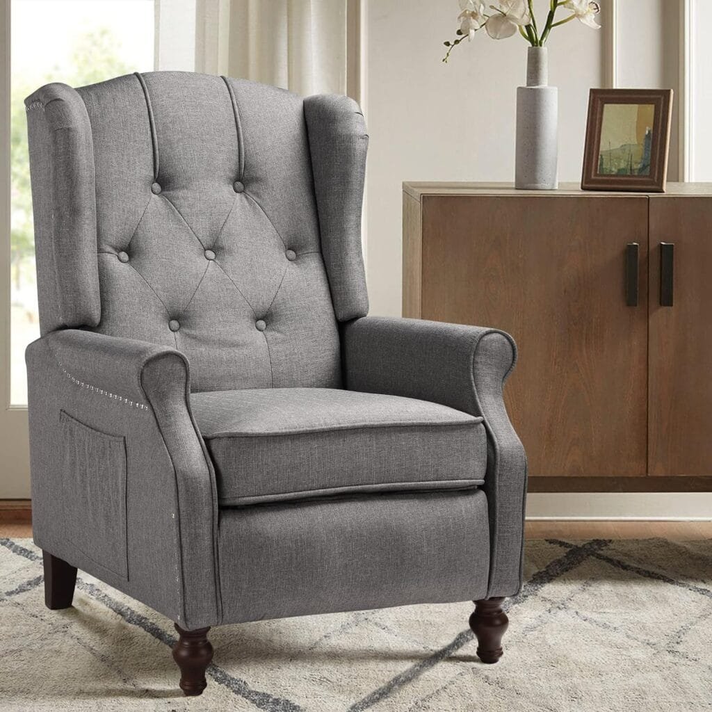OQQOEE Accent Chair Reading Wingback Chair with Massage and Heat Fabric Push Back Recliner Club Chair Diamond Tufted Armchair, Side Pockets, Footrest, Wooden Legs, Living Room (1, Grey)