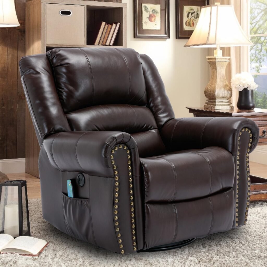 OUINCH Manual 360 Degree Swivel Glider Rocker Recliner Chair with Massage and Heat, USB Ports and 2 Side Pockets, Faux Leather, Dark Brown