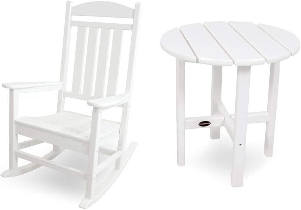 POLYWOOD R100WH Presidential Rocking Chair, White  RST18WH Round 18 Side Table, White