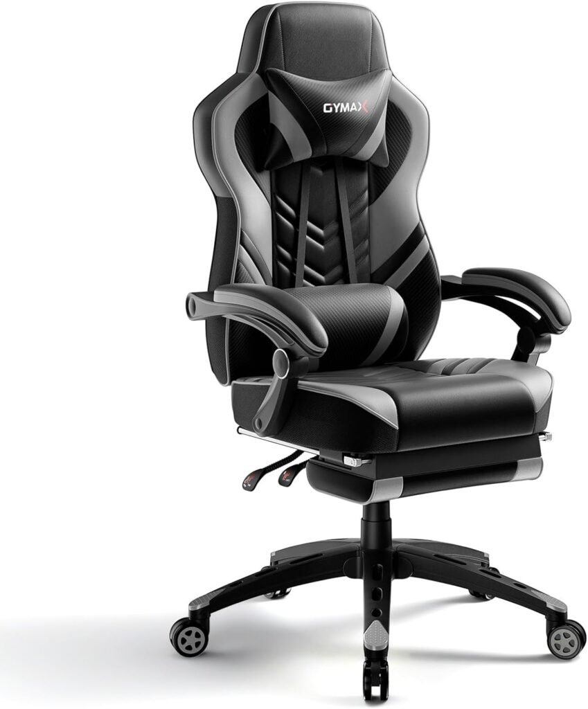 POWERSTONE Gaming Chair Video Game Chair with Footrest and Lumbar Support Racing Style PU Leather Computer Chair Ergonomic Adjustable Swivel Task Chair Gray