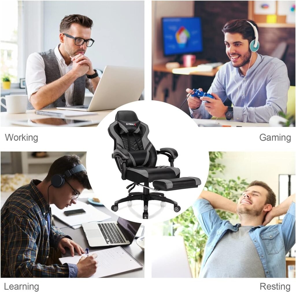 POWERSTONE Gaming Chair Video Game Chair with Footrest and Lumbar Support Racing Style PU Leather Computer Chair Ergonomic Adjustable Swivel Task Chair Gray