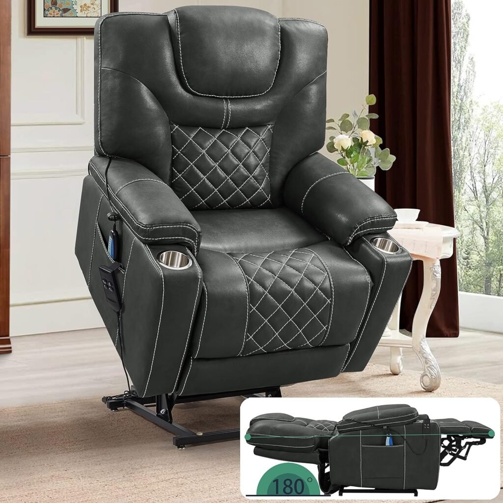 PUG258Y Power Lift Recliner for Seniors: 9988 High Density Foam Lift Chair With Heat and Massage, Reclining To 180, 2 Pockets Cup Holders, 2 Remote Controls, Dual OKIN Motors - Breathable Leather Gray