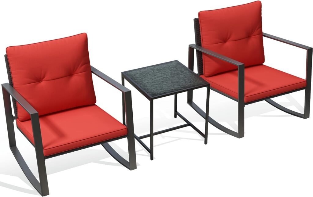 Pyramid Home Decor 3 Piece Rocking Bistro Set - Synthetic Wicker Outdoor Furniture - Glass Coffee Table with 2 Chairs for Balcony, Patio  Porch - Black Metal, Soft Cushions (Red)