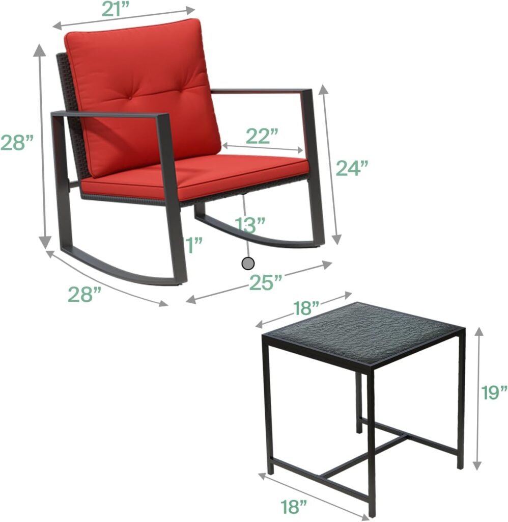 Pyramid Home Decor 3 Piece Rocking Bistro Set - Synthetic Wicker Outdoor Furniture - Glass Coffee Table with 2 Chairs for Balcony, Patio  Porch - Black Metal, Soft Cushions (Red)