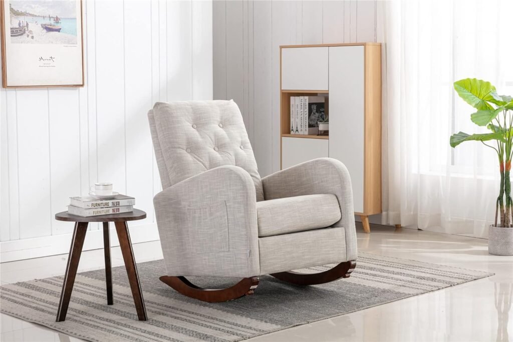 Rocking Chair Nursery, Indoor Lounge Chair, Comfortable Accent Chair, Nursery Glider Recliner,Modern Rocker Glider Chair With High Back Cushion, Pocketfor For Baby Kids Living Room (Light Gray 6)