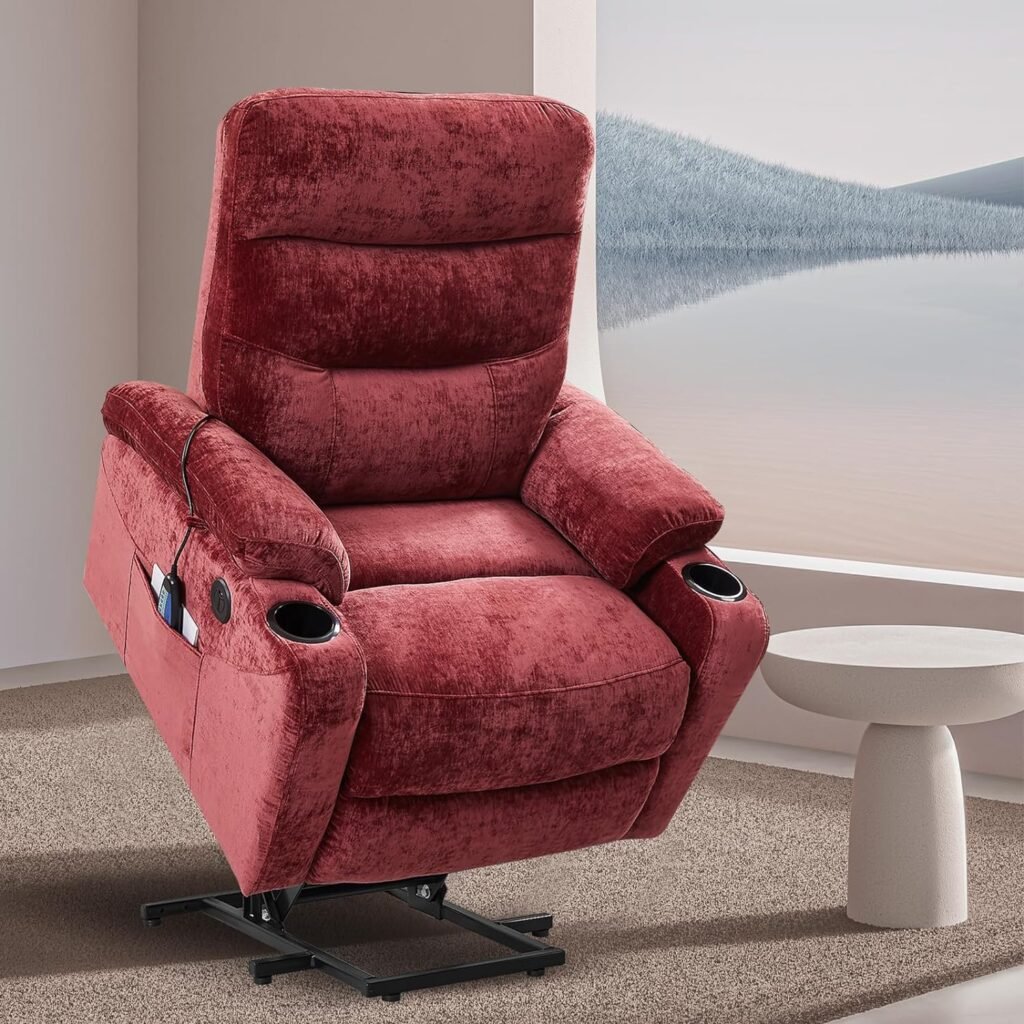 ROYALSON Power Lift Chairs Recliners with Heat and Massage for Elderly,Electric Reclining Chairs Infinite Position with USB Port and Side Pocket,Cup Holders,Fabric (Red)