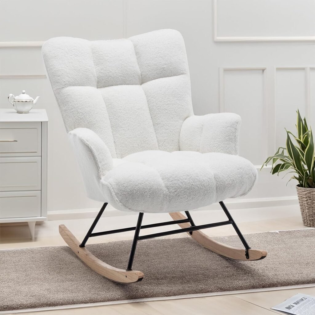 SAETSFEG Nursery Rocking Chair Teddy, Upholstered Glider Rocker with High Backrest, Comfortable Stylish Accent Armchair with Padded Seat for Living Rooms, Bedrooms, Offices, Pearl