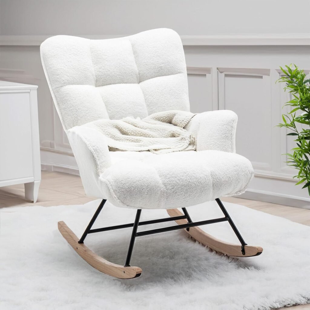 SAETSFEG Nursery Rocking Chair Teddy, Upholstered Glider Rocker with High Backrest, Comfortable Stylish Accent Armchair with Padded Seat for Living Rooms, Bedrooms, Offices, White