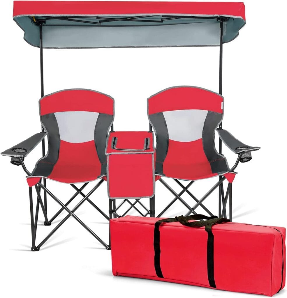 Safstar Double Camping Chair w/Shade Canopy, 2-Person Folding Camp and Beach Chair with Mini Table Beverage Cup Holder Carrying Bag, Collapsible Camping Chairs for Garden Patio Pool Beach, Red