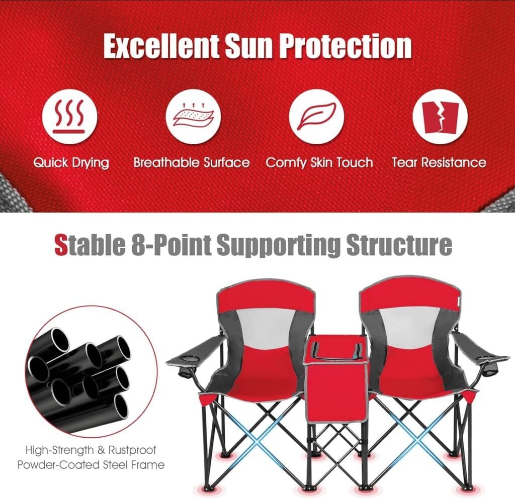 Safstar Double Camping Chair w/Shade Canopy, 2-Person Folding Camp and Beach Chair with Mini Table Beverage Cup Holder Carrying Bag, Collapsible Camping Chairs for Garden Patio Pool Beach, Red