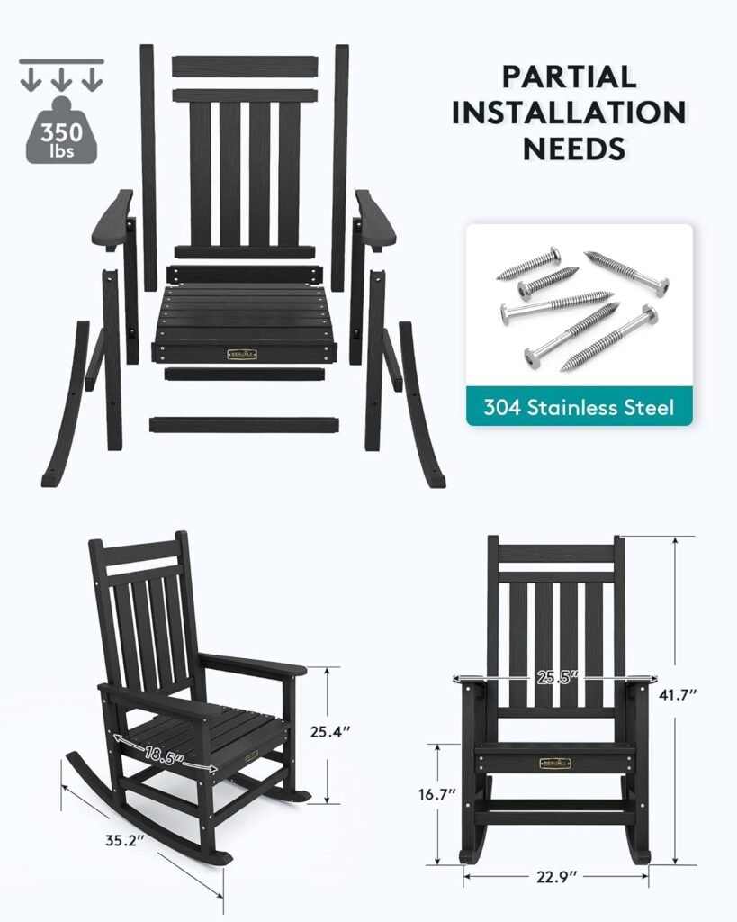 SERWALL Oversized Rocking Chair, Outdoor Rocking Chair for Adults, All Weather Resistant Porch Rocker for Lawn Garden, Black