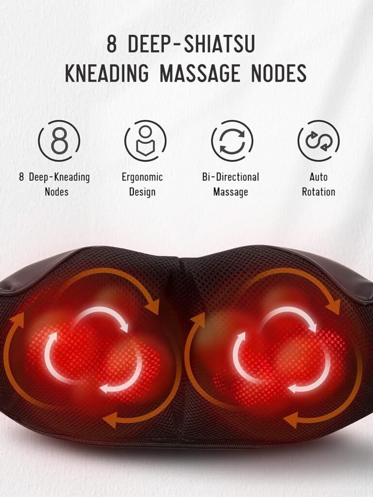 Shiatsu Back Neck and Shoulder Massager with Adjustable Heat and Speed, 8 Nodes Electric Deep Tissue Kneading Massage for Back Pain Relief, Ideas Christmas Gifts for Women Men, Use at Home Car Office