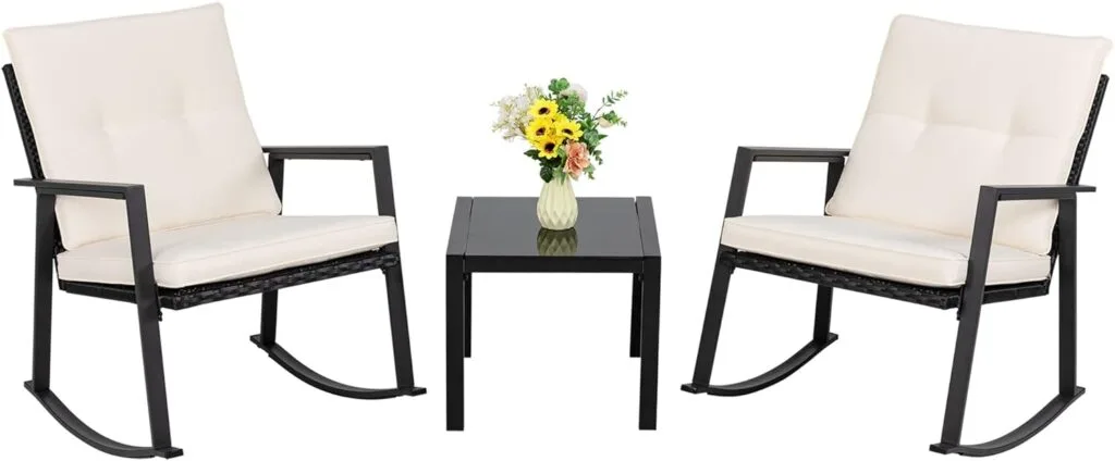 Shintenchi 3 Pieces Rocking Bistro Set Wicker Patio Outdoor Furniture, 2 Rattan Porch Chairs Conversation Sets with Glass Coffee Table (Beige) Shintenchi 3 Pieces Rocking Bistro Set Wicker Patio Outdoor Furniture, 2 Rattan Porch Chairs Conversation Sets with Glass Coffee Table (Beige)