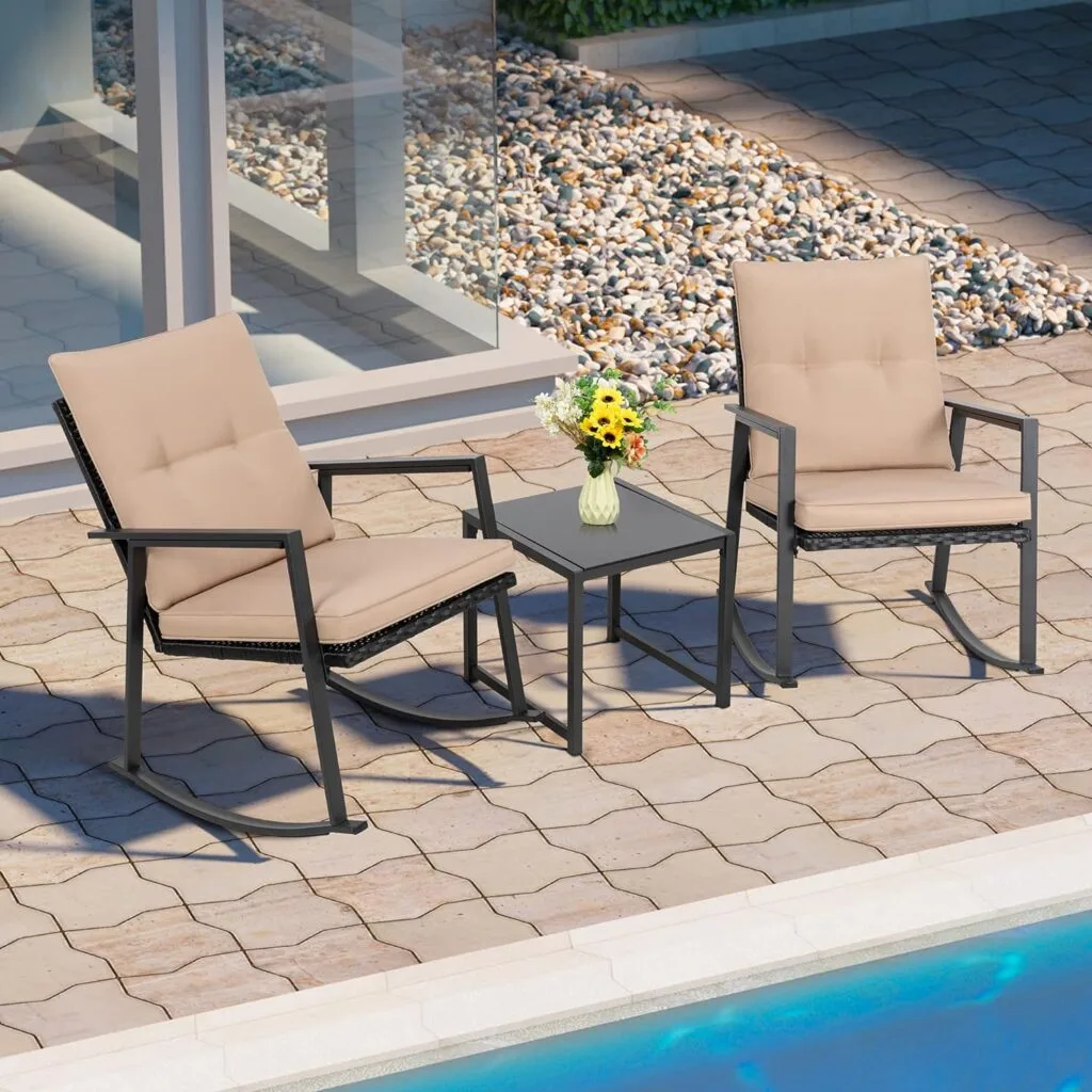 Shintenchi 3 Pieces Rocking Bistro Set Wicker Patio Outdoor Furniture, 2 Rattan Porch Chairs Conversation Sets with Glass Coffee Table (Beige) Shintenchi 3 Pieces Rocking Bistro Set Wicker Patio Outdoor Furniture, 2 Rattan Porch Chairs Conversation Sets with Glass Coffee Table (Beige)