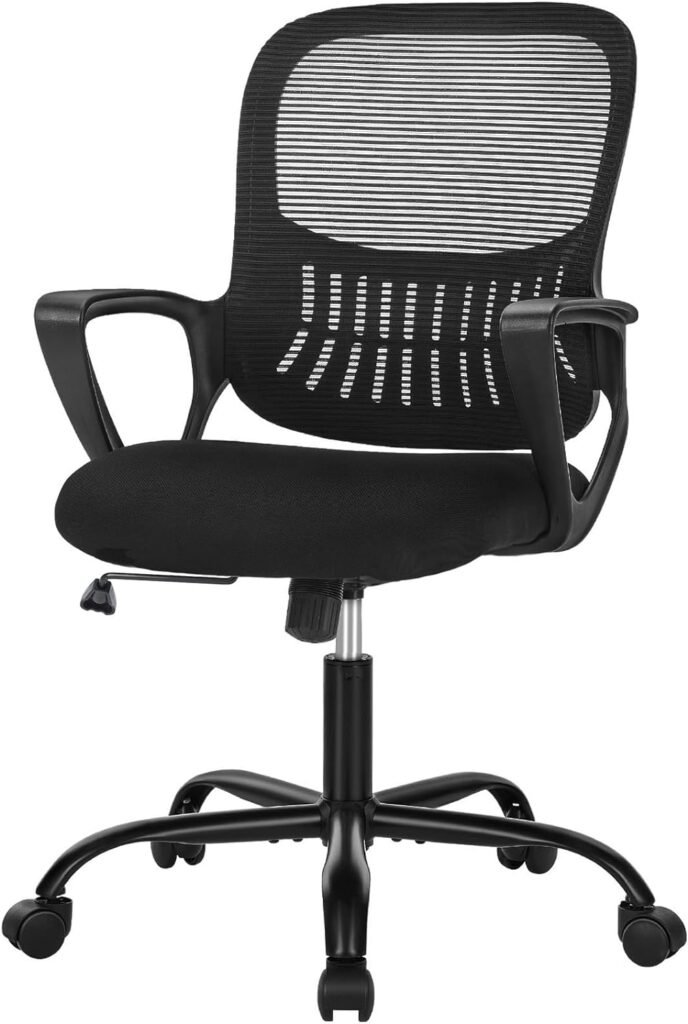 SMUG Office Computer Gaming Desk Chair, Ergonomic Mid-Back Mesh Rolling Work Swivel Task Chairs with Wheels, Comfortable Lumbar Support, Comfy Arms for Home, Bedroom, Study, Student, Adults, Black