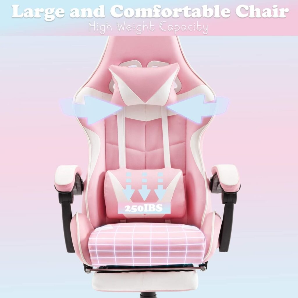 Soontrans Pink Gaming Chairs with Footrest,Ergonomic PC Computer Game Chair,Lovely Home Office Desk Pink Chair with Headrest and Lumbar Support Gamer Chair for Girls