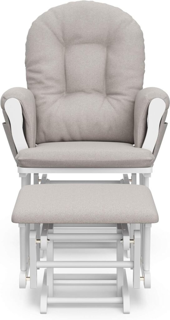 Storkcraft Premium Hoop Glider and Ottoman (White Base, Taupe Swirl Cushion) – Padded Cushions with Storage Pocket, Smooth Rocking Motion, Easy to Assemble, Solid Hardwood Base