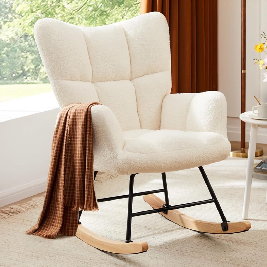 Sweetcrispy Rocking Chair Nursery, Teddy Upholstered Glider Rocker with High Backrest, Reading Chair Modern Rocking Accent Chairs Glider Recliner for Living Room, Nursery, Bedroom