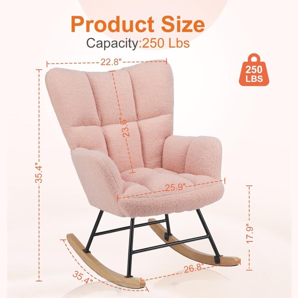 Sweetcrispy Rocking Chair Nursery, Teddy Upholstered Glider Rocker with High Backrest, Reading Chair Modern Rocking Accent Chairs Glider Recliner for Living Room, Nursery, Bedroom