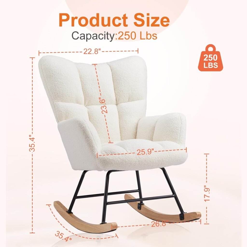 Sweetcrispy Rocking Chair Nursery, Teddy Upholstered Glider Rocker with High Backrest, Reading Chair Modern Rocking Accent Chairs Glider Recliner for Living Room, Nursery, Bedroom