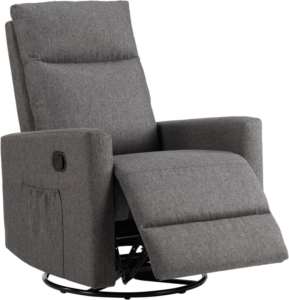 Swivel Recliner Chair, Rocking Chair Nursery, Glider Rocker Recliner, Nursery Chair with Extra Large Footrest for Living Room, High Back, Upholstered Deep Seat (Deep Grey)