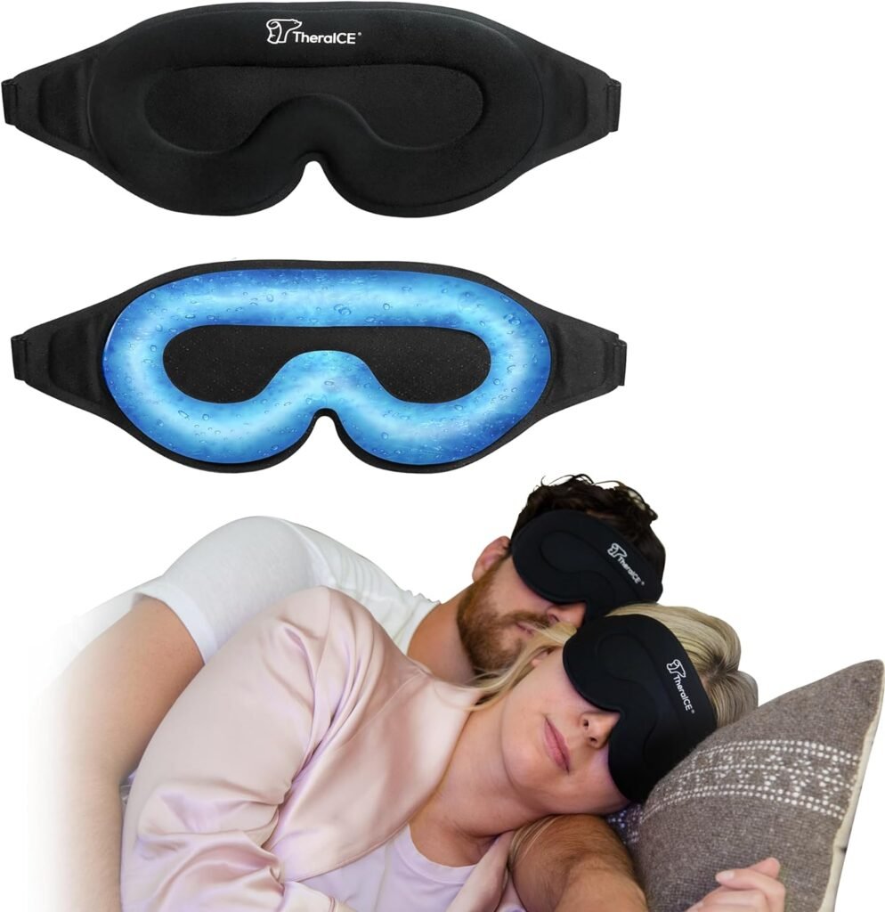 TheraICE Sleep Mask + Cooling Gel Relief - Sleep Eye Mask Blackout Blindfold Cold - 3D Contoured Relaxing No Pressure Eye Cover to Block Light for Comfortable Soothing Night Sleeping/Men  Women