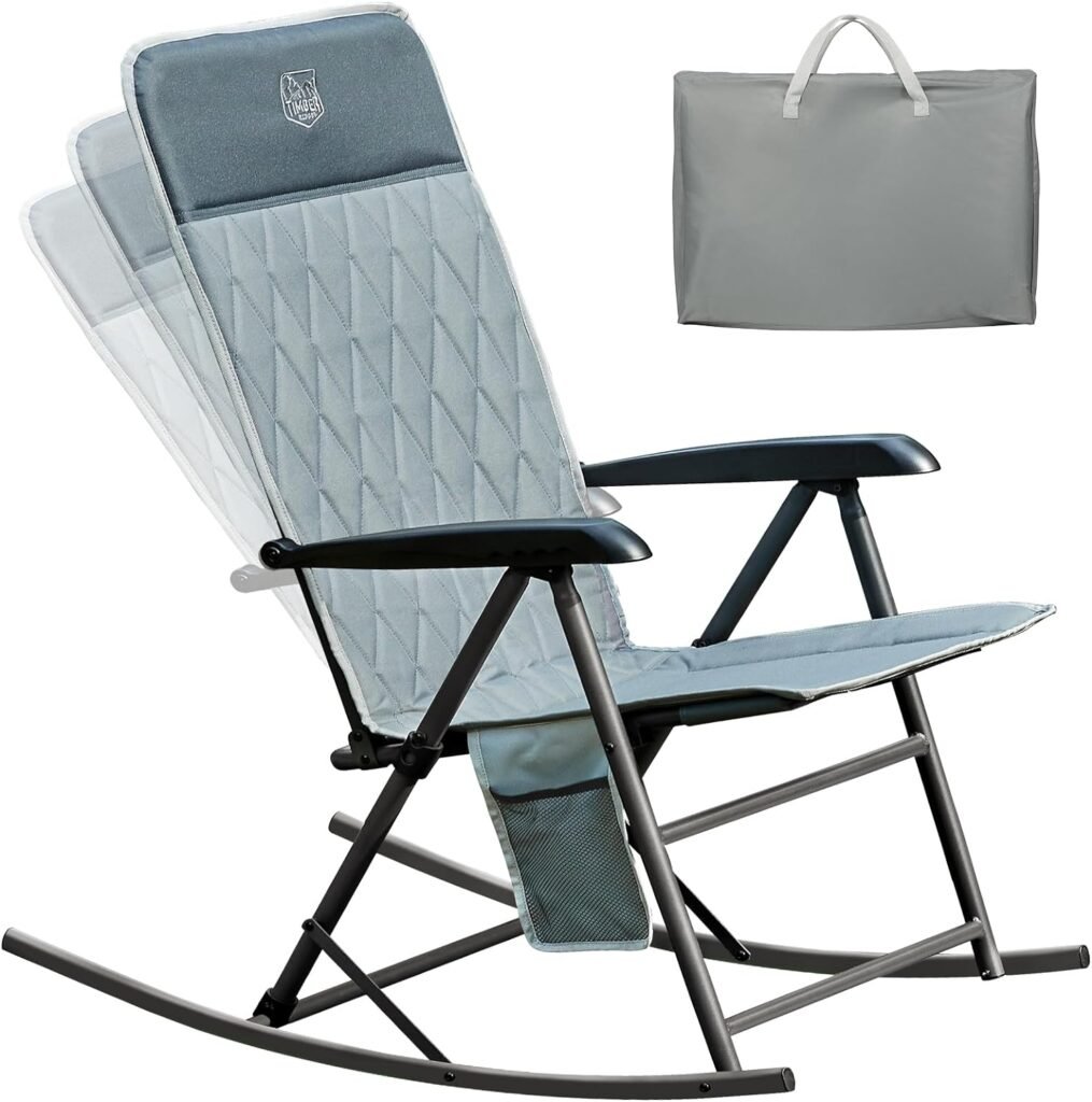 TIMBER RIDGE 3-Level Adjustable High Back Folding Rocker Side Pocket Portable Rocking Lawn Chair for Camping Patio Garden, Supports 300 LBS, Grey-2 Pack