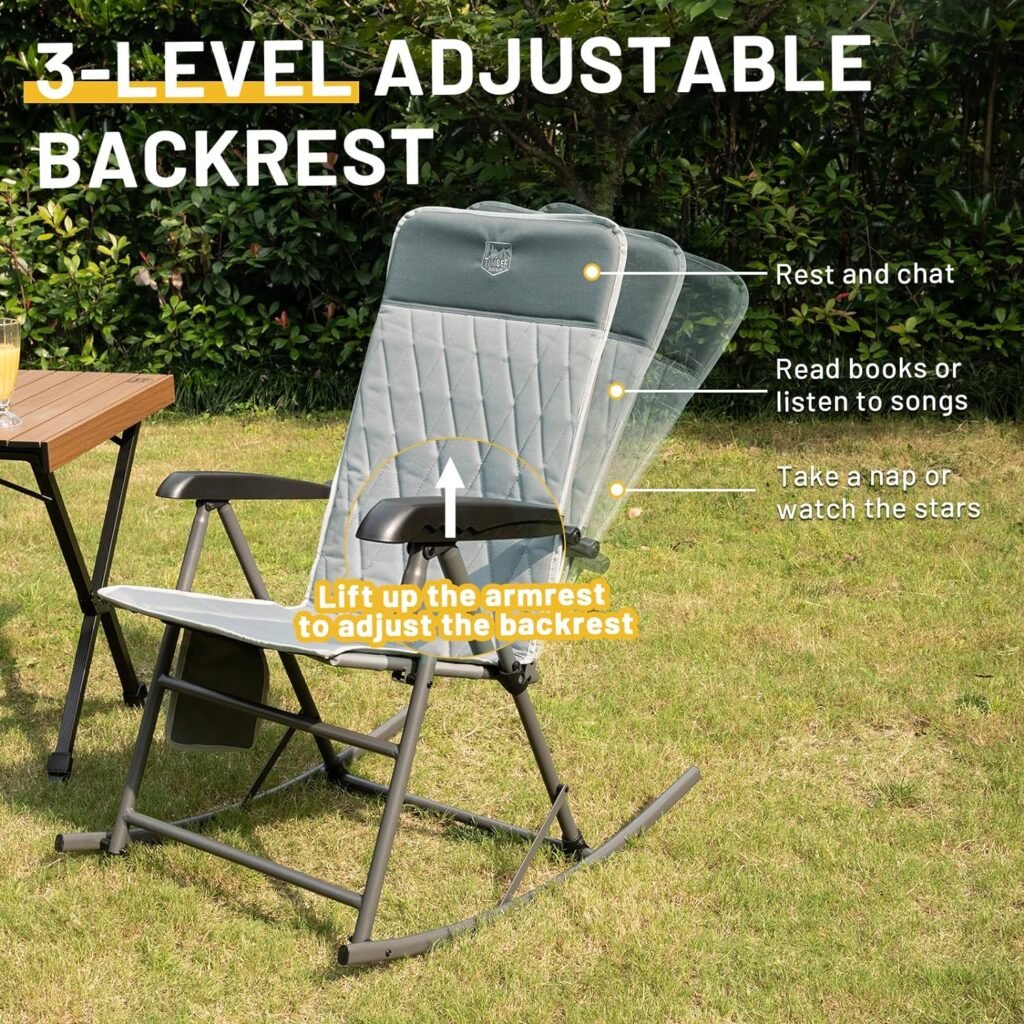 TIMBER RIDGE 3-Level Adjustable High Back Folding Rocker Side Pocket Portable Rocking Lawn Chair for Camping Patio Garden, Supports 300 LBS, Grey-2 Pack