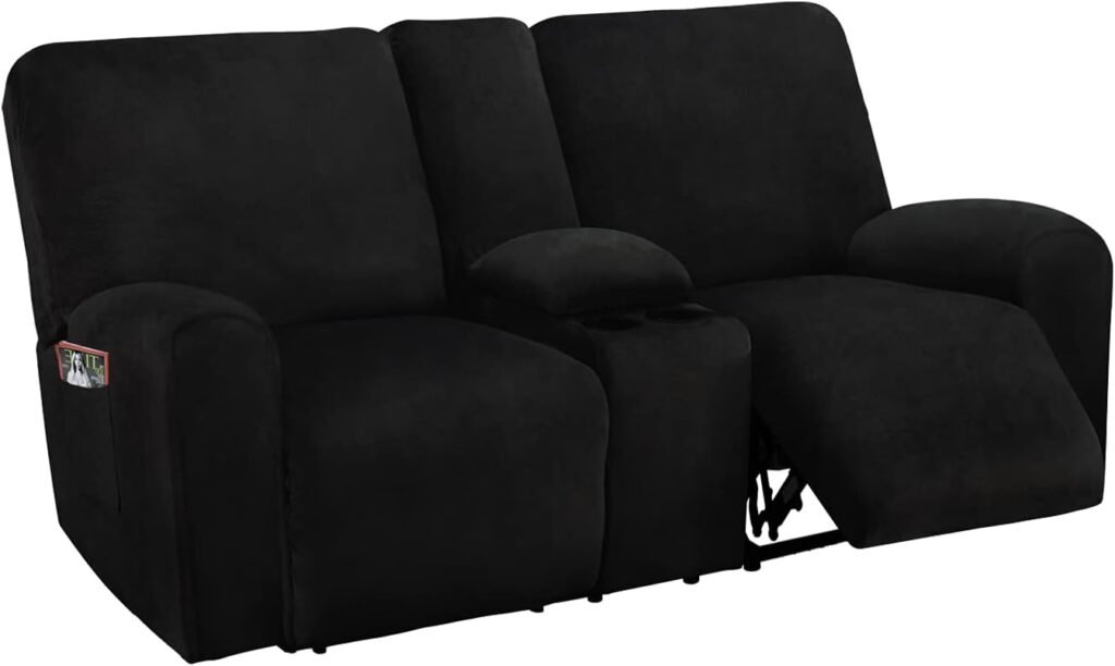 ULTICOR Reclining Love Seat with Middle Console Slipcover, 8-Piece Velvet Stretch Loveseat Reclining Sofa Covers, Thick, Soft, Washable (Black)