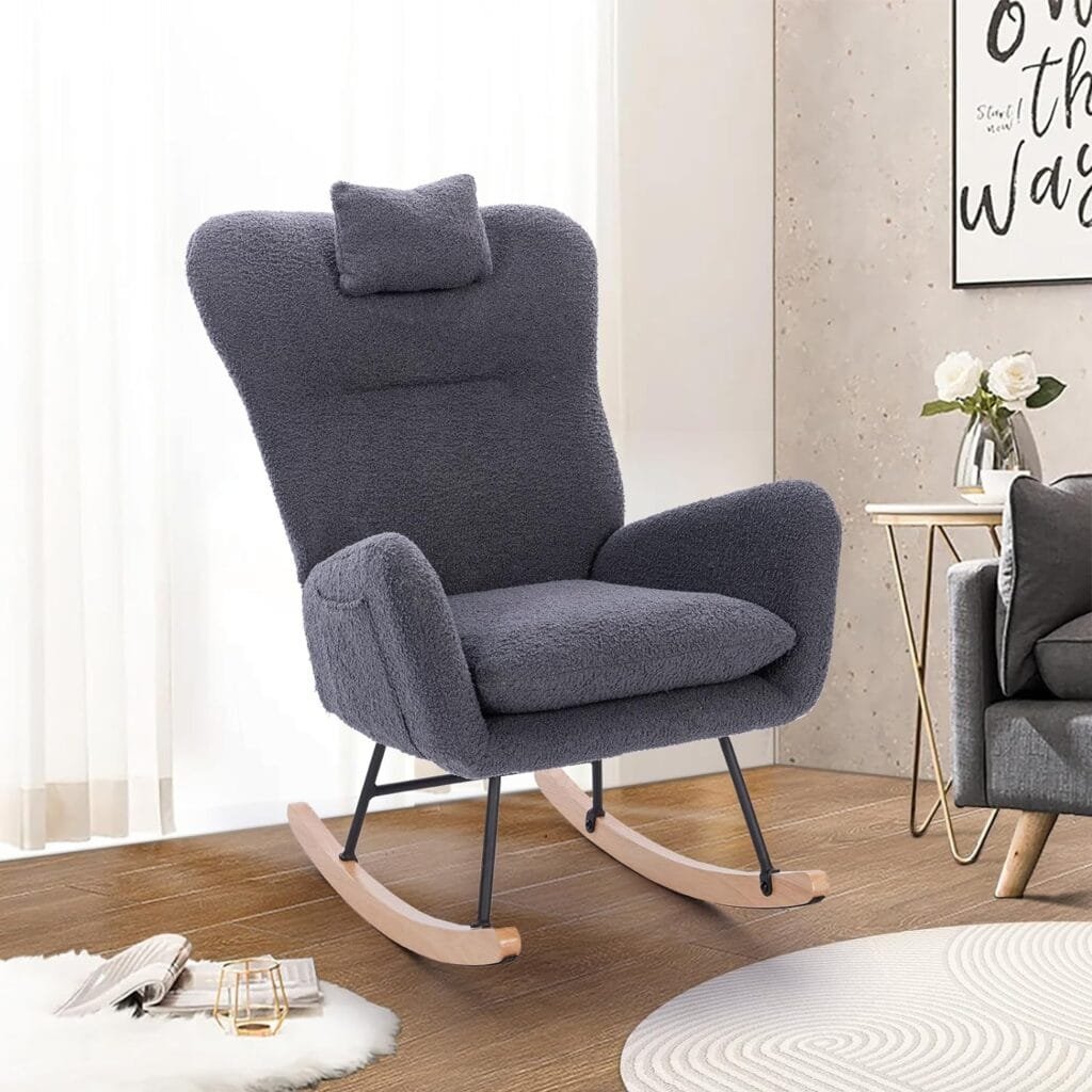 Unovivy Rocking Chair Nursery, Teddy Upholstered Nursing Armchair with Wood Base, Baby Glider Rocker with Headrest  Side Handy Cocket, Small Gliding Seat for Living Room, Bedroom, Office, 36 H, Gray