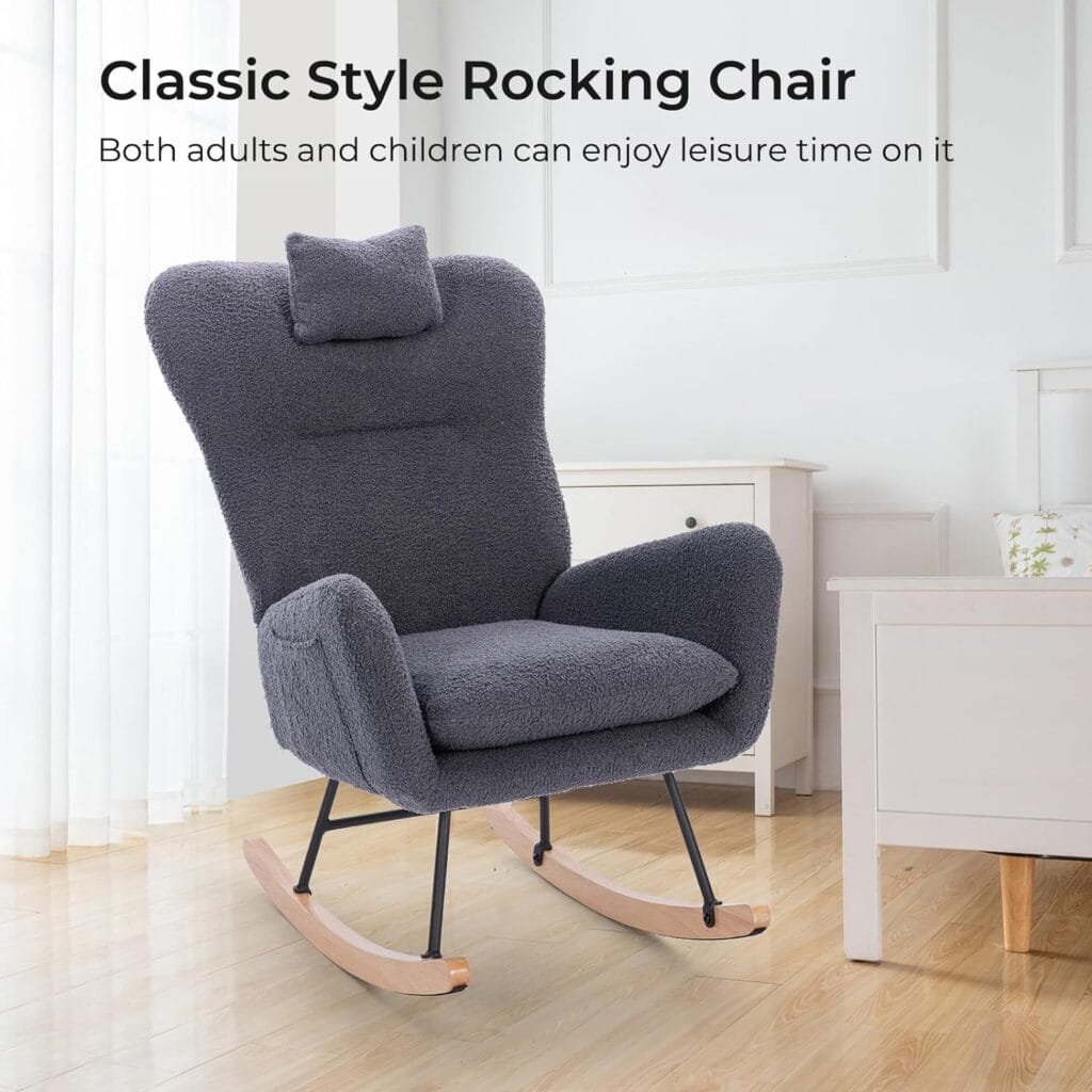 Unovivy Rocking Chair Nursery, Teddy Upholstered Nursing Armchair with Wood Base, Baby Glider Rocker with Headrest  Side Handy Cocket, Small Gliding Seat for Living Room, Bedroom, Office, 36 H, Gray