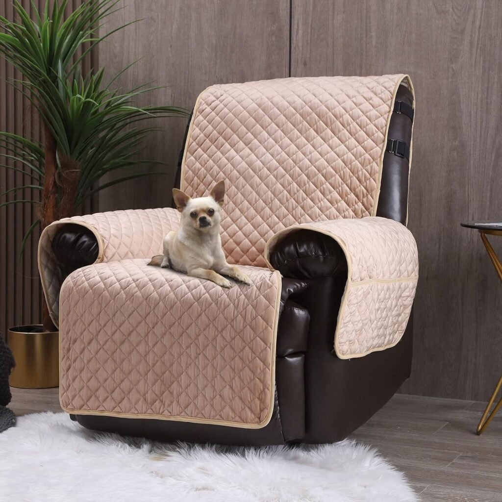 Velvet Recliner Covers Non Slip Waterproof Large Recliner Chair Covers for Leather Chairs Reversible Recliner Sofa Cover for Living Room Recliner Furniture Protectors Covers for Dog Pets Beige 28