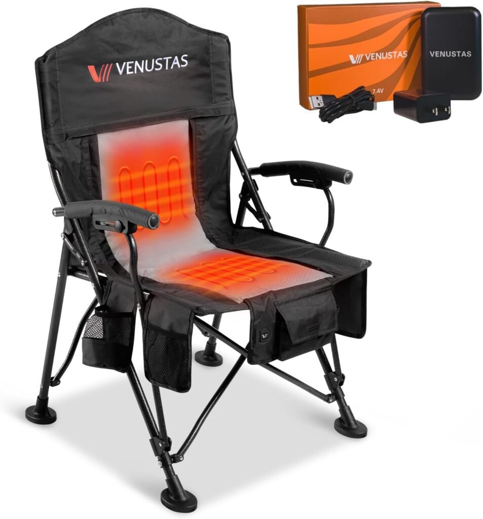 Venustas Heated Camping Chair with Removable Cushion, Heated Portable Folding Chair with Battery Pack, Three Heating Levels, Two Heating Zones