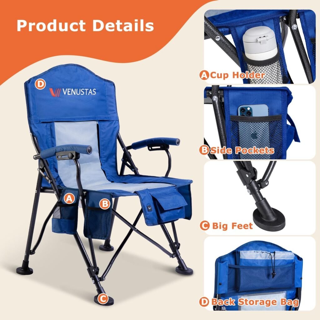 Venustas Heated Camping Chair with Removable Cushion, Heated Portable Folding Chair with Battery Pack, Three Heating Levels, Two Heating Zones