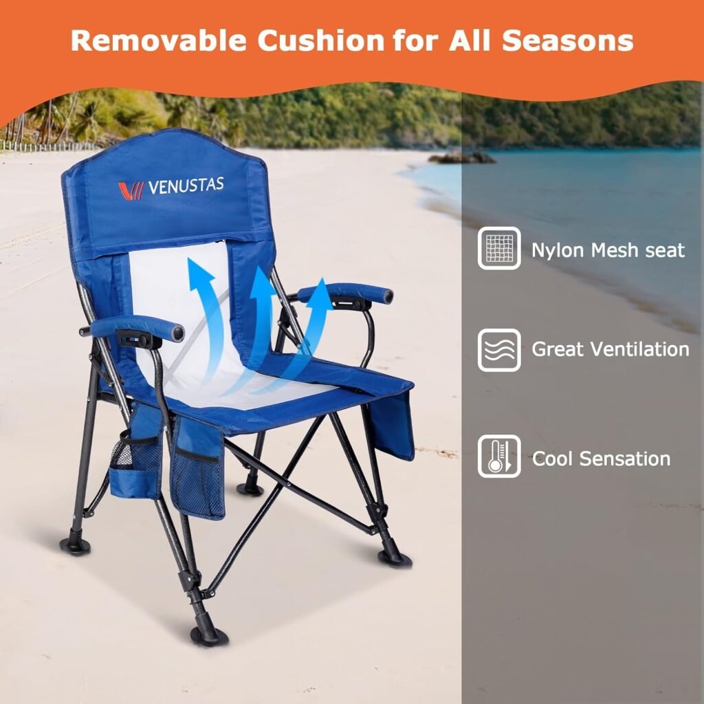 Venustas Heated Camping Chair with Removable Cushion, Heated Portable Folding Chair with Battery Pack, Three Heating Levels, Two Heating Zones