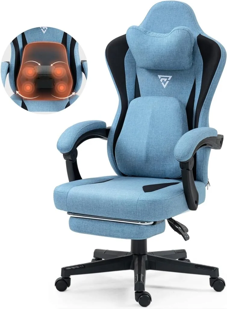 Vigosit Gaming Chair with Heated Massage Lumbar Support, Breathable Fabric Office Chair with Pocket Spring Cushion and Footrest, Recliner High Back PC Chair for Adult Blue