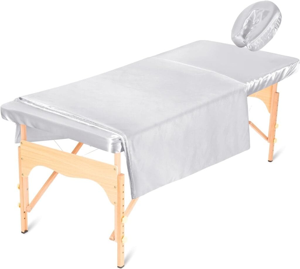 VitalCozy 3 Pieces Satin Massage Table Sheet Set Ultra Light Stain and Wrinkle Resistant Include Flat Sheet Fitted Sheet Face Rest Cover Massage Facial Bed Cover (White)