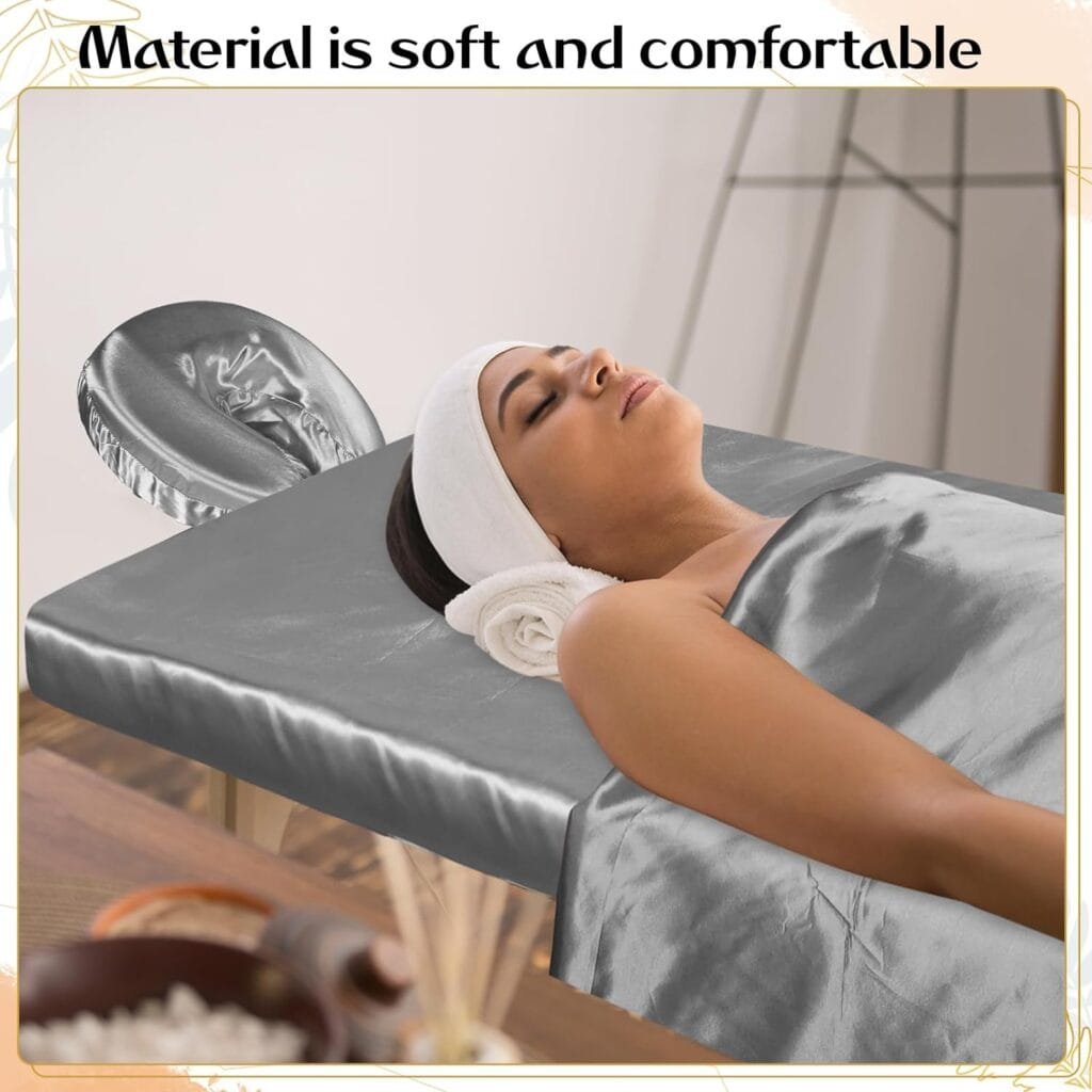 VitalCozy 3 Pieces Satin Massage Table Sheet Set Ultra Light Stain and Wrinkle Resistant Include Flat Sheet Fitted Sheet Face Rest Cover Massage Facial Bed Cover (White)