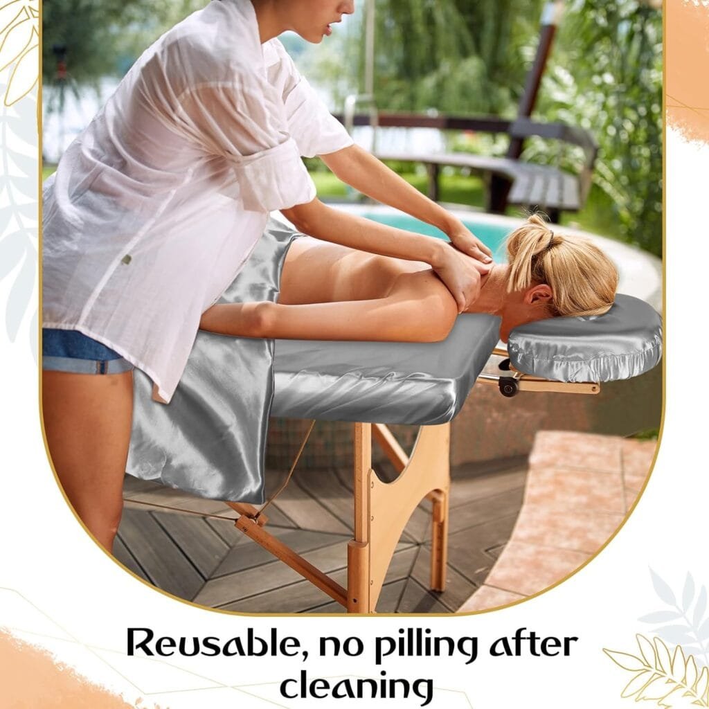 VitalCozy 3 Pieces Satin Massage Table Sheet Set Ultra Light Stain and Wrinkle Resistant Include Flat Sheet Fitted Sheet Face Rest Cover Massage Facial Bed Cover (White)