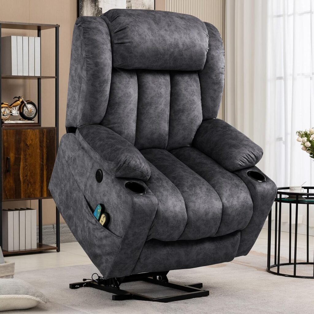 VIVIJASON Tall Man Large Power Lift Recliner Chair with Massage and Heat for Elderly, Overstuffed Wide Electric Lift Recliner w/Extended Footrest, 2 Cup Holder, Side Pockets  USB Ports, Fabric Grey