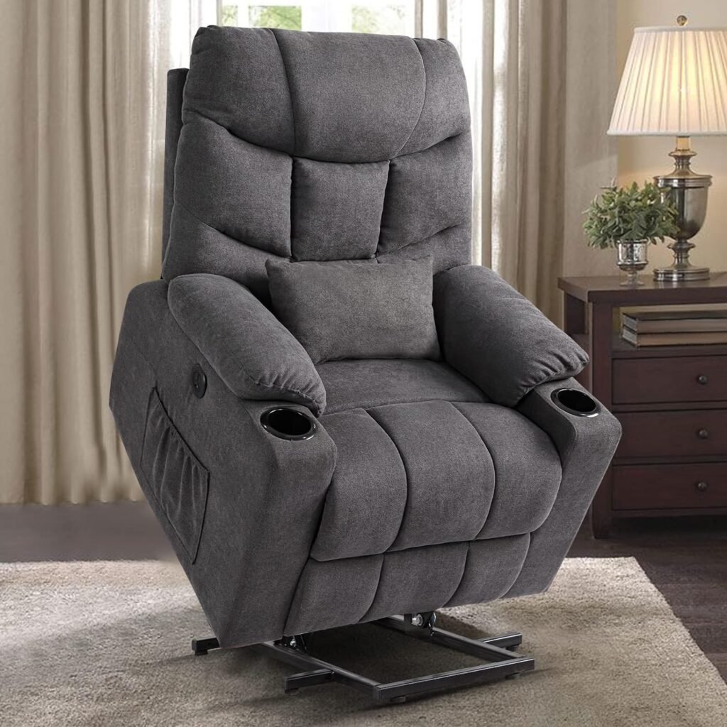 VUYUYU Power Lift Chairs Recliners, Fabric Recliner Chair for Elderly, Heated Vibration Massage Sofa for Living Room, 3 Positions, 2 Pockets and 2 Cup Holders (Fabric-Grey)