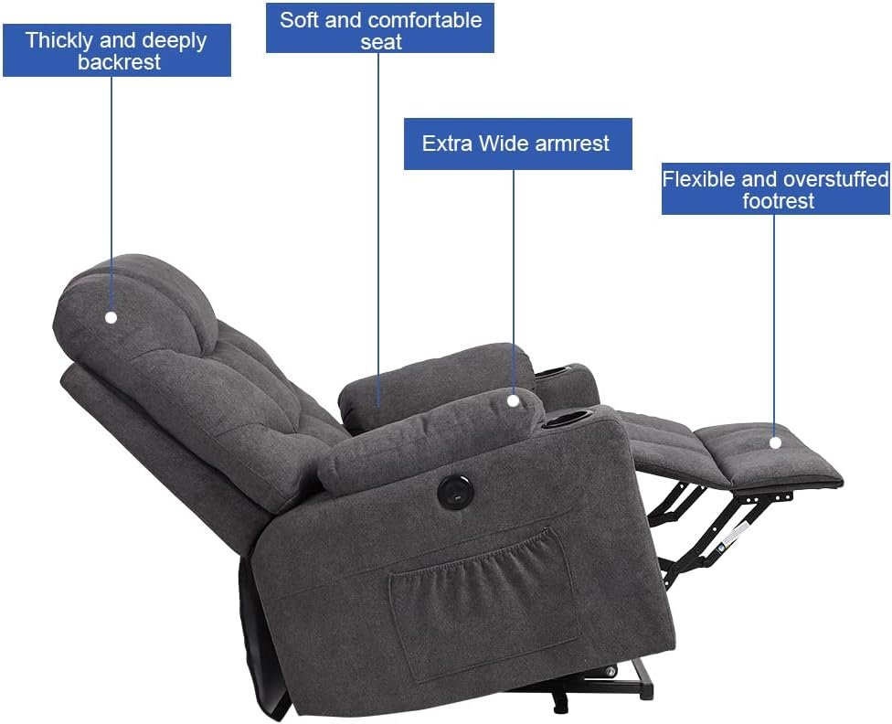 VUYUYU Power Lift Chairs Recliners, Fabric Recliner Chair for Elderly, Heated Vibration Massage Sofa for Living Room, 3 Positions, 2 Pockets and 2 Cup Holders (Fabric-Grey)